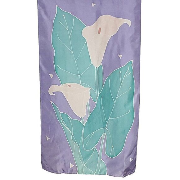 Silk Floral Scarf Calla Lily Rectangle Purple Green Pink Hand Painted Talbots - Picture 1 of 3